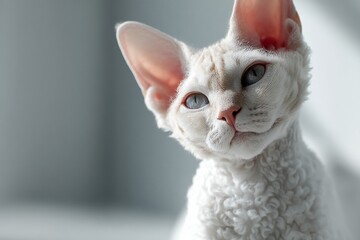 Portrait of a smiling devon rex cat in empty modern loft background.