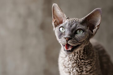 Portrait of a smiling devon rex cat on empty modern loft background.
