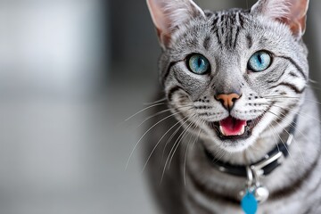 Portrait of a happy egyptian mau cat on empty modern loft background.