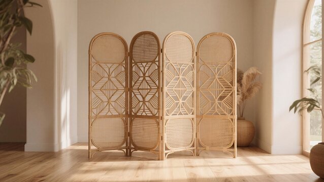 A woven rattan room divider with geometric patterns stands in a sunlit, minimalist living space, expressing tranquility and natural elegance, used for interior design and home decor.