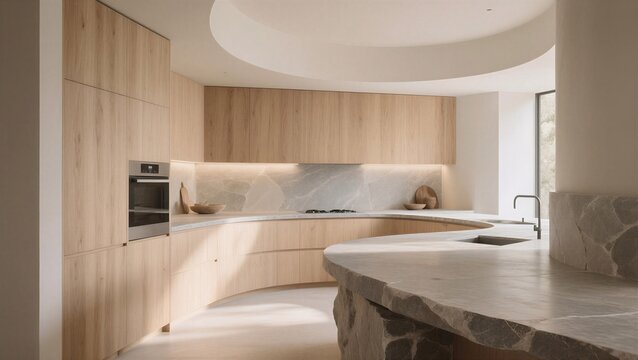 A modern curved kitchen with warm wooden cabinets and stone countertops, bathed in soft natural light, expressed elegance and tranquility or Used for interior design inspiration.