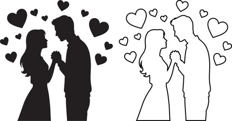Romantic couple in love vector icon set featuring man and woman holding hands with hearts. Black silhouette and outline illustration for wedding invitation or Valentine's Day design.