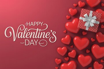 Happy valentines day greeting card with hearts and gift box on red background