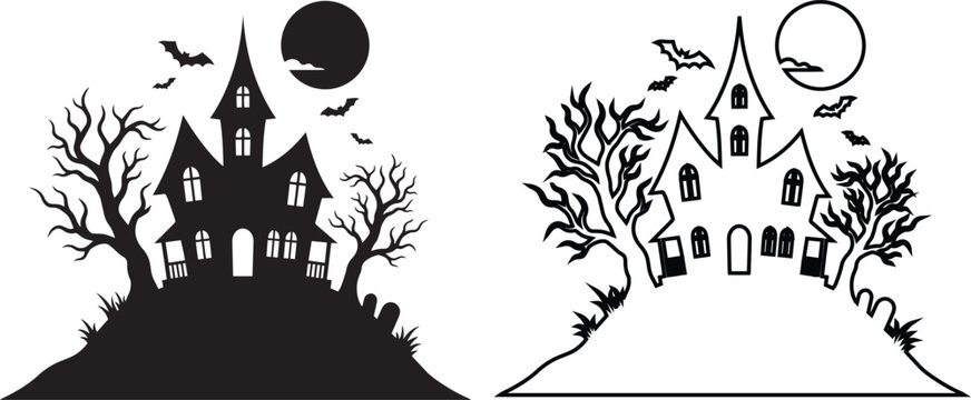 Halloween haunted house vector icon set with flying bats and full moon. Spooky black silhouette and outline illustration of a scary mansion on a hill for trick or treat party invitation.