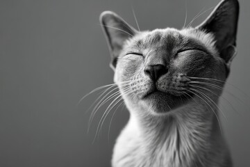 Portrait of a smiling tonkinese cat isolated on bare monochromatic room.