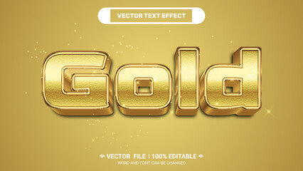 Gold 3d editable vector text effect with metallic texture and sparkling glow on golden gradient background.