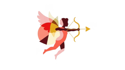 Stylized illustration of Cupid, the winged god of love, aiming a bow and arrow with translucent, overlapping shapes in warm colors.