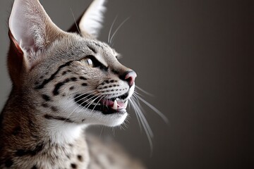 Portrait of a smiling savannah cat over bare monochromatic room.