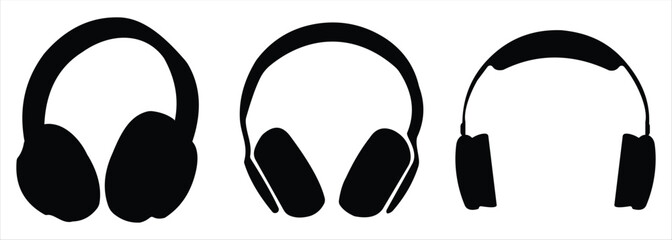 Headphone Icon Set in Solid and Outline Style, Black and White Audio Music Vector Illustration