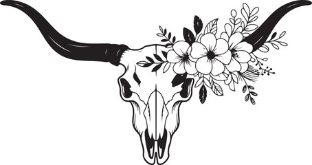 Texas longhorn black and white vector illustration. Longhorn skull with flowers, clipart. Silhouette Texas Longhorn. Bull Head Logo Icon