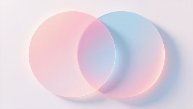 Two overlapping translucent circles with soft pink and blue gradients, creating a harmonious blend of light and shadow, expressed as modern abstract art or Used for digital backgrounds.