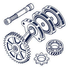 Exploded view of mechanical gears and shaft