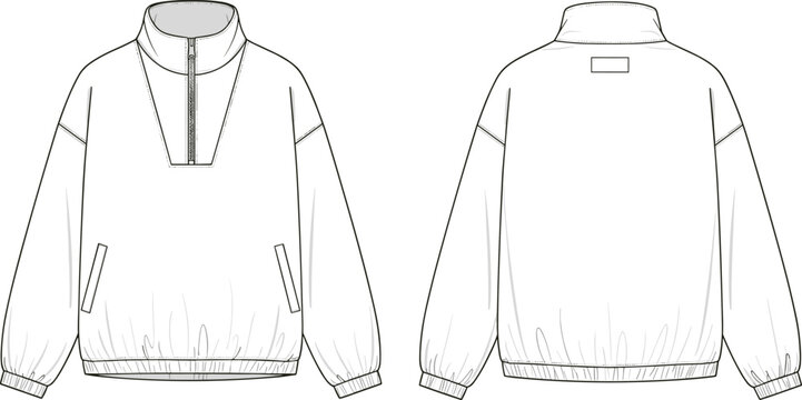 Men half zip pullover jacket technical flat sketch, front back view, long sleeve outerwear apparel vector illustration mockup design template