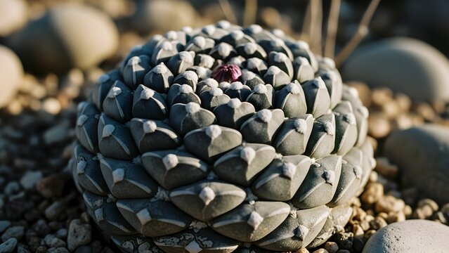 Perfectly Symmetrical Gray Succulent Forming a Compact Dome of Repeating Triangular Leaves in a Pebbled Desert Garden, Highlighting Strong Geometric Structure, Subtle Tones, and Sculptural Minimalist 