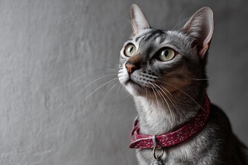 Portrait of a funny singapura cat over plain cyclorama studio wall.