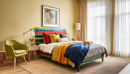 Vibrant bedroom with a colorful headboard and cozy bedding, AI generated image