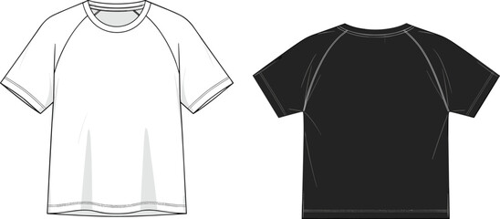 Men raglan sleeve t shirt technical flat sketch, front back view, casual apparel vector illustration, fashion design outline mockup, template