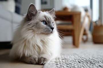Portrait of a smiling ragdoll cat in front of crisp minimalistic living room.