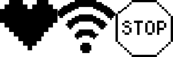 Obraz premium Love, Wi-Fi, and Stop Icons in Retro Pixel Art Style