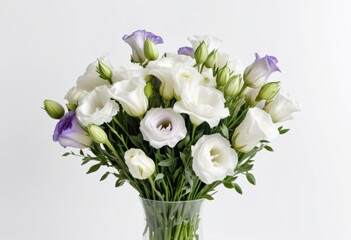 Lisianthus bouquet on white background, white lisianthus, rose-like petals, elegant arrangement, romantic flowers, wedding style, luxury bouquet, natural beauty