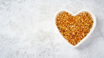 HeartShaped Bowl Filled with Golden Omega3 Fish Oil Capsules on White Surface