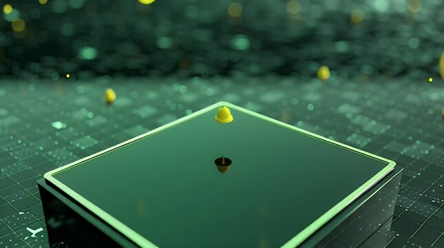 Dynamic Digital Data Processing on a Futuristic Square Platform with Interacting Particle Elements, Representing Advanced Technological Concepts