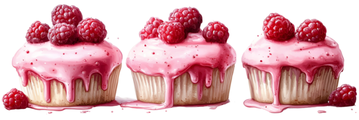 Three raspberry frosted cakes displayed on a transparent background