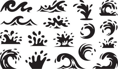 Water drops, black sea ocean waves stencil. Liquid elements, cry droplet icons vector set. Ink, sauce, river isolated splashes 