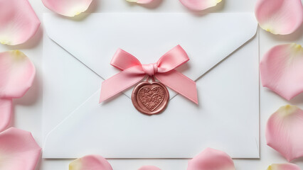 Elegant white wedding invitation with pink ribbons and rose petals, flat lay on white background. Banner template for a wedding, engagement invitations, Valentine's Day with copy space. 