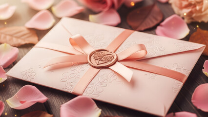 Elegant pink wedding invitation with pink ribbons and rose petals, flat lay on white background. Banner template for a wedding, engagement invitations, Valentine's Day with copy space. 