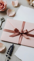 Elegant pink wedding invitation with vintage accessories flat lay on white background. Vertical template for a wedding, engagement invitations, Valentine's Day with copy space. 