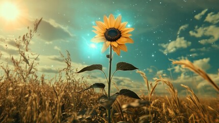 Glowing Sunflower in Wheat Field at Sunrise