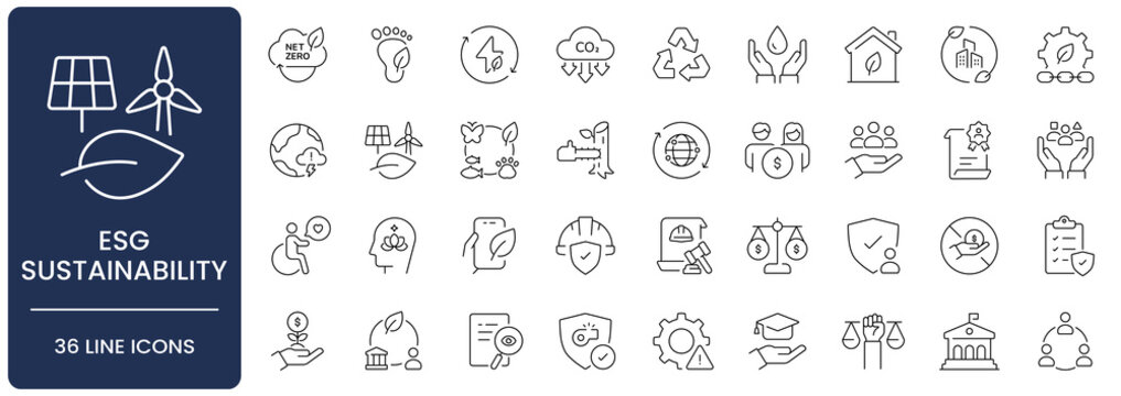 ESG and Sustainability Line Icon Set. Collection of environmental, social, governance, net zero, eco, renewable energy, equality, diversity, ethics business, CSR, and carbon symbols, Editable Stroke.
