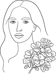 Woman face with flowers. Line art female hands with butterflies. One line vector drawing. Portrait minimalistic style. Botanical print. Nature symbol of cosmetics