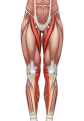 hyper-realistic 3d anatomical model of the female thigh musculature; quadriceps femoris group in vibrant educational red, surrounded by neutral tendons, on a clinical white background. concept for