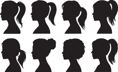 Woman heads in profile. Beautiful female faces profiles, black silhouette outline avatars, anonymous portraits with hairstyle vector set