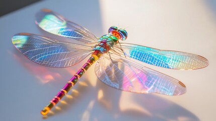Dragonfly with Iridescent Wings on White Surface