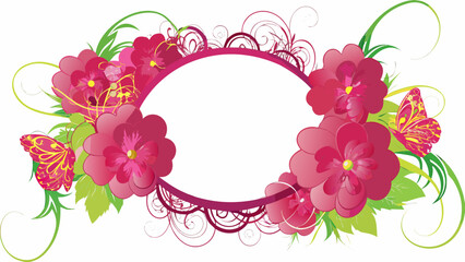 Flat illustration of a circular floral wreath frame with pink flowers