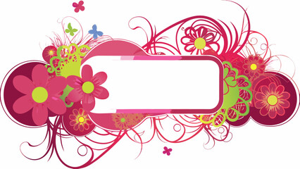 Vibrant pink floral frame with decorative flowers and butterflies for design