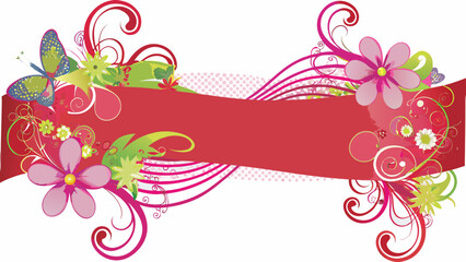 A vibrant fantasy style floral border with pink flowers and green leaves on a red