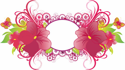 Vibrant pink floral wreath with swirling designs and butterflies on white