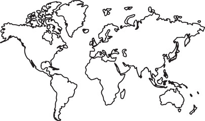 World map. Hand drawn simple stylized continents silhouette in minimal line outline thin shape. Isolated vector illustration