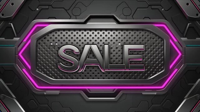 Metallic Sale Sign with Perforated Texture and Neon Purple Edging on a Dark Textured Background discount