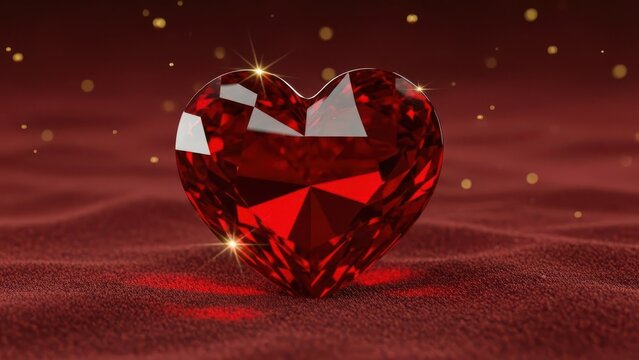 Sparkling red ruby heart gemstone on luxurious velvet with golden bokeh, perfect for romance and valentine's day