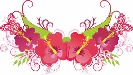 A vibrant symmetrical floral border illustration with pink flowers and green