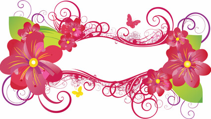 A refined floral frame with pink flowers and butterflies on a white background