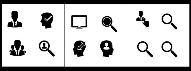 Black and white icons of people and magnifying glasses
