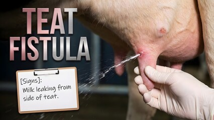 Veterinary examination of teat fistula in cow udder with milk leakage with veterinarian and animal health and dairy cow and udder health and veterinary medicine