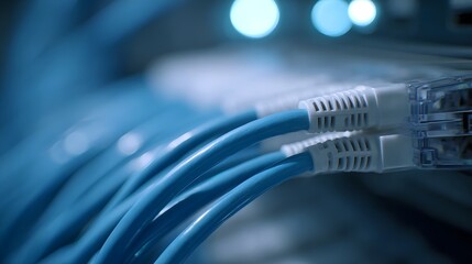Close up of vibrant blue network cables plugged into ports on a server rack with blurred background lights