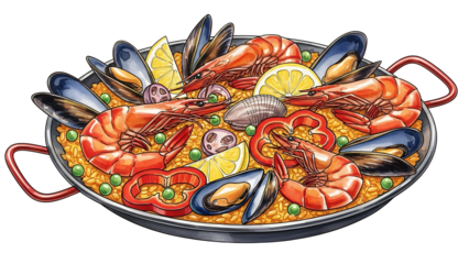 Vibrant Seafood Paella Dish with Shrimp, Mussels, and Clams on a White Background